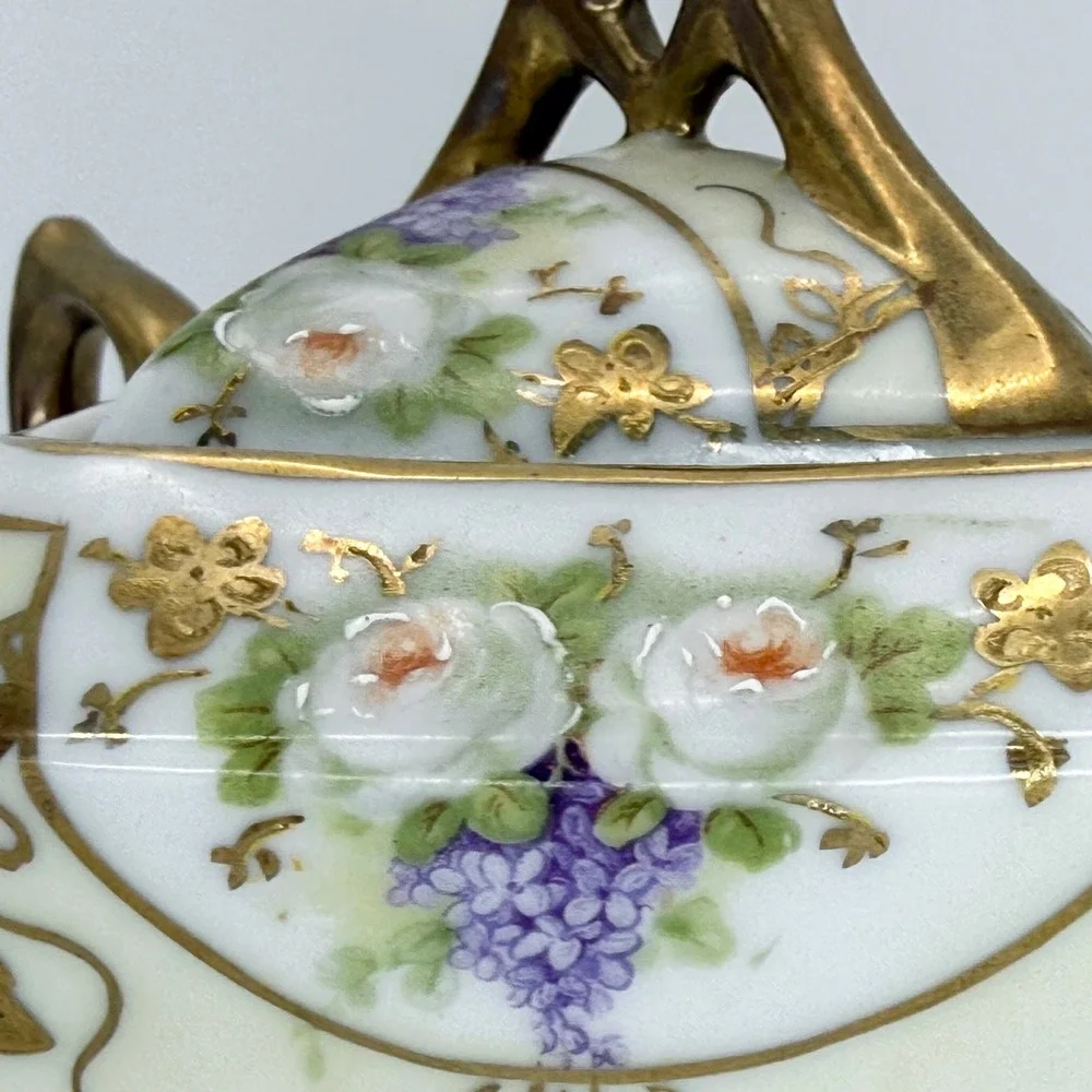 Vintage Silesia Porcelain Sugar Bowl with Lid Gold Gilt Floral Design‎ Coquette